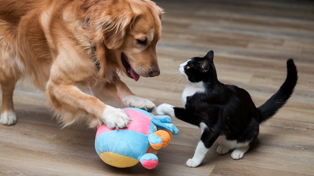 Dog and cat play, Duluth GA Golden retriever and black and white cat playing together with a colorful plush toy on a wood floor